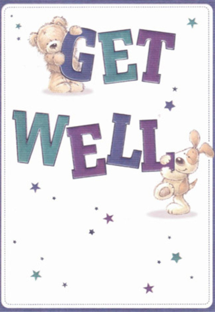 An uplifting tableau of encouragement, this get well card shows a smiling bear and a spirited puppy, each nestled among a flurry of hand-drawn stars. The large 'Get Well' lettering is composed in confident strokes of purple and aqua, projecting positivity and stability-key elements in any healing gesture. The tactile textures of soft fur and floppy ears are nearly palpable, inviting a sense of huggable comfort even in the absence of flowers. The entire scene is infused with the same airy, cheerful mood that might be found on a bright morning in Amersham's Old Town, fostering a unique sense of optimism. Stars float around the pair, visually echoing well-wishes drifting on a gentle breeze. There's a balance of innocence and sincerity in the design, with every visual choice made to encourage recovery-much like the care placed into every Flowers Amersham bouquet created for friends and neighbours during challenging times. The illustration's confident warmth is perfect for lifting spirits, turning a simple message into a genuine act of kindness.