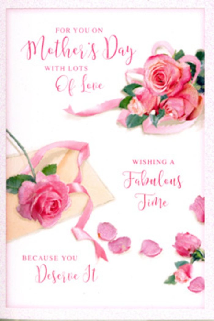 Seen through a florist's eye, this Mother's Day card is a gentle tableau of roses, ribbon, and calligraphy that mirrors the care put into a hand-tied bouquet made for a family in Amersham. In one corner, three prominent pink roses are gathered closely together, their rounded heads overlapping just enough to create a sense of fullness and abundance. The petals are soft and slightly ruffled at the edges, shaded in subtle gradients from pale, almost white pink at the tips to deeper blush tones nearer the centre, giving each flower a true-to-life depth. Scattered around this trio are individual petals and smaller rose blossoms, some face-up, some viewed from the side, like floral confetti gently spread across a table after the ribbon has been untied. A slender, pastel ribbon winds its way through the roses, looping and curling with a natural ease, its smooth surface catching the light in fine, satiny highlights that suggest touchable texture. The ribbon's path guides the eye toward a handwritten-style message, where soft, flowing letters convey affection, rest, and well-deserved pampering, echoing sentiments a local might share with Mum after a relaxing afternoon wander along the paths near Hervines Park. The background remains uncluttered and light, helping each floral and typographic detail stand out clearly. Gentle, warm lighting wraps the whole scene in a tender glow, reminiscent of early spring sunshine on a calm Amersham morning. Together, these elements make the card feel like more than printed paper; it becomes an intimate keepsake that complements a bouquet delivered for Mother's Day, celebrating not just the date on the calendar but the enduring beauty of maternal love.