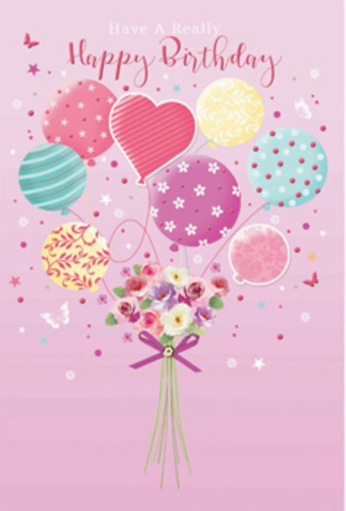 A gentle sense of jubilation fills this floral birthday artwork, as though a small, dreamy celebration were taking place above the charming streets of Amersham. The design is set against a warm pink backdrop that feels both cosy and uplifting, like the glow of an early evening sky. Rising in the centre, a cluster of pastel balloons in pale sunshine yellow, rosy fuchsia, and lavender seems to lift a delicate bouquet upwards. Each balloon carries its own pattern and character: curved stripes that swirl around the surface, polka dots that scatter like confetti, soft floral motifs, and a single heart that draws the eye to the middle. The balloons appear luminous, catching light in a way that suggests a gentle shine, as if they're drifting past a bright shopfront on the high street. At the base of this floating display is a hand-tied bouquet, made up of petite roses and soft, daisy-like blooms. Their velvet petals are shaded from cream through blush into rose, echoing the kind of gardens that flourish in Amersham's quieter lanes. The stems are gathered snugly together with a shimmering purple ribbon, tied into a tidy bow that hints at skilled, thoughtful hands. Surrounding the arrangement are tiny butterflies and scattered stars, fluttering as though caught in a soft breeze, adding a sense of motion and daydream. The imagined fragrance is delicately sweet, with the freshness of morning air. Together, balloons, blossoms, and subtle detailing capture the emotional warmth of a birthday shared with someone special, like receiving a picture-perfect bouquet that feels handcrafted just for you by a florist who knows and loves the local community.