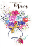 On this Mother's Day card, an airy bouquet in watercolour unfolds like a love letter painted by hand, reflecting the gentle, leafy charm of Amersham's surroundings. The flowers emerge from a rounded vase, their shapes loosely defined with confident indigo lines that bend and curl around each petal. Intense purples and deep cerise tones mingle with playful pinks, serene blues, and warm apricots, creating a tapestry of colour that feels both joyful and harmonious. The pigments seem to pool and drift, overlapping where the artist allowed the water to carry them, much like the organic way stems fall together in a relaxed, garden-style arrangement. Delicate streaks of gold trace select petals and leaves, catching imaginary light in the way morning sun dances across fresh bouquets displayed in local Amersham florists. All around the central cluster, paint flecks and small heart shapes hover against the white background, like petals scattered during a celebration or confetti tossed in quiet appreciation. The vase is calmly rendered with soft washes and is finished with an elegant golden bow, a small but significant detail that suggests care, thoughtfulness, and the act of gift-giving. Together, these elements create an image that feels open and heartfelt, as if the card itself were breathing gratitude and tenderness. It brings to mind the simple pleasure of delivering flowers to a mum in Amersham, stepping through a familiar doorway with something bright and beautiful that says, without many words, how deeply she is cherished.
