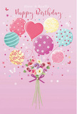 A whimsical birthday scene comes to life in this illustration, evoking the feeling of a light, happy morning in Amersham when a thoughtful surprise arrives at the door. The backdrop is a gentle blush pink, soft and welcoming, allowing a cluster of pastel balloons to take centre stage. They float upward with joyful energy, painted in shades of pale pink, mint green, lavender, and golden yellow. Each balloon has its own personality: some twirl with candy-coloured stripes, others are dotted with playful polka spots, and a heart-shaped balloon near the middle glows with quiet affection. Their round, glossy surfaces seem to capture and reflect a soft light, giving the sense of real balloons drifting indoors during a birthday gathering. Anchoring this airy display is a small, hand-tied bouquet of flowers. The blooms resemble delicate roses and anemone-like blossoms, clustered tightly together in creamy ivory, blush, and gentle mauve. Their petals look feathery and soft, almost touchable, and they are bound at the stems with a rich violet satin bow that adds a polished finishing touch. Around them, tiny stars and fluttering butterflies are scattered like confetti, introducing a fairy-tale charm without overwhelming the serene elegance. The imagined scent is fresh and lightly sweet, much like walking past a flower shop just as the day begins. The overall mood of the artwork is airy, sweet, and festive, perfectly capturing the spirit of a birthday card that accompanies a lovingly arranged bouquet from Flowers Amersham, designed to make the recipient feel deeply cherished and joyfully celebrated.