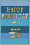 This image captures a stylish birthday card that pairs cool blue tones with soft golden highlights, creating an atmosphere of quiet joy that feels very much in tune with Amersham's relaxed charm. The card's background is composed of generous horizontal stripes, each a distinct shade of blue, arranged from the darkest at the bottom to the lightest at the top. Deep navy gradually shifts into mid-blue and teal, before fading into a tranquil sky blue, forming a smooth gradient that draws the eye upward. Centred over these stripes is the phrase HAPPY BIRTHDAY, rendered in bold, embossed gold capitals. The lettering is crisp and elegant, with a warm metallic sheen that glimmers gently as if catching the soft daylight from a nearby window. The raised texture of the text suggests a quality finish, making the card feel special when held. Beneath the greeting lies a graceful gold flourish that stretches from side to side, its delicate loops adding a touch of classical, almost calligraphic style. Below this flourish, three slim gold banners sit one above another. Each banner carries a portion of an easygoing sentiment, together reading: Relax, have a great day and enjoy! The overall tone is friendly and sincere, more like a spoken wish than a formal message. A thin gold border runs around the card's edge, framing the blues and metallic details in a tidy rectangle. It is easy to envision this card standing beside a hand-tied bouquet from a local florist, brightening a hallway console table in a house off Woodside Road, ready to greet the birthday celebrant with calm, heartfelt wishes.